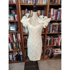 VINTAGE Susan Roselli Midi Dress Womens 8 Sequin Puff Sleeve Prom 80s White